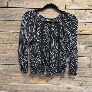 D-Signed Black & White Abstract Stripe Sheer Blouse Women's Long Sleeve Top Sz L